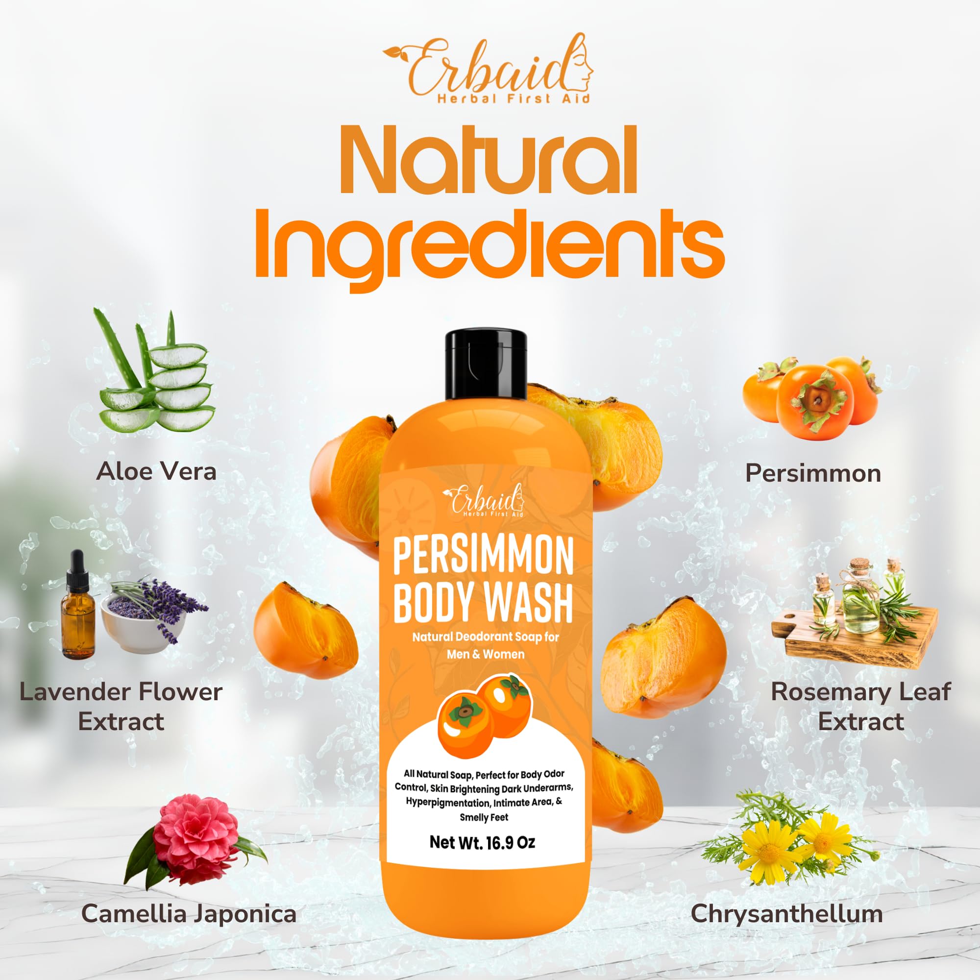 Healov Persimmon Body Wash for Body Odor Control – Natural Deodorant Soap for Eliminating Odor – Underarms, Intimate Inner Thigh, Bikini Area, Smelly Feet – Purifying Deodorizing Soap, Kids Safe